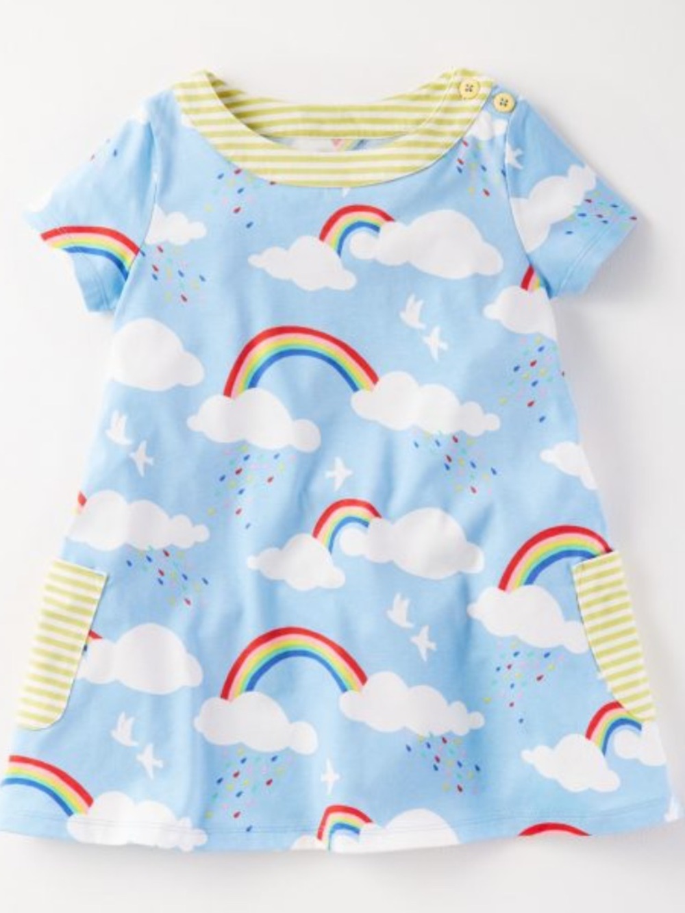 Mini Boden White Tee with Yellow Stripe Trim white clouds rainbow dress - Picture 2 of 6
